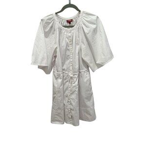 Staud White Button-Down Drawstring Waist Mini Dress With Wide Sleeves Size S